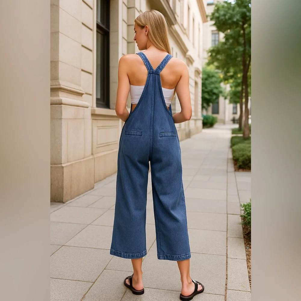 ZENANA ROYAL BLUE KNOT STRAP WIDE LEG CROPPED JUMPSUIT SIZE M - Picture 2 of 9